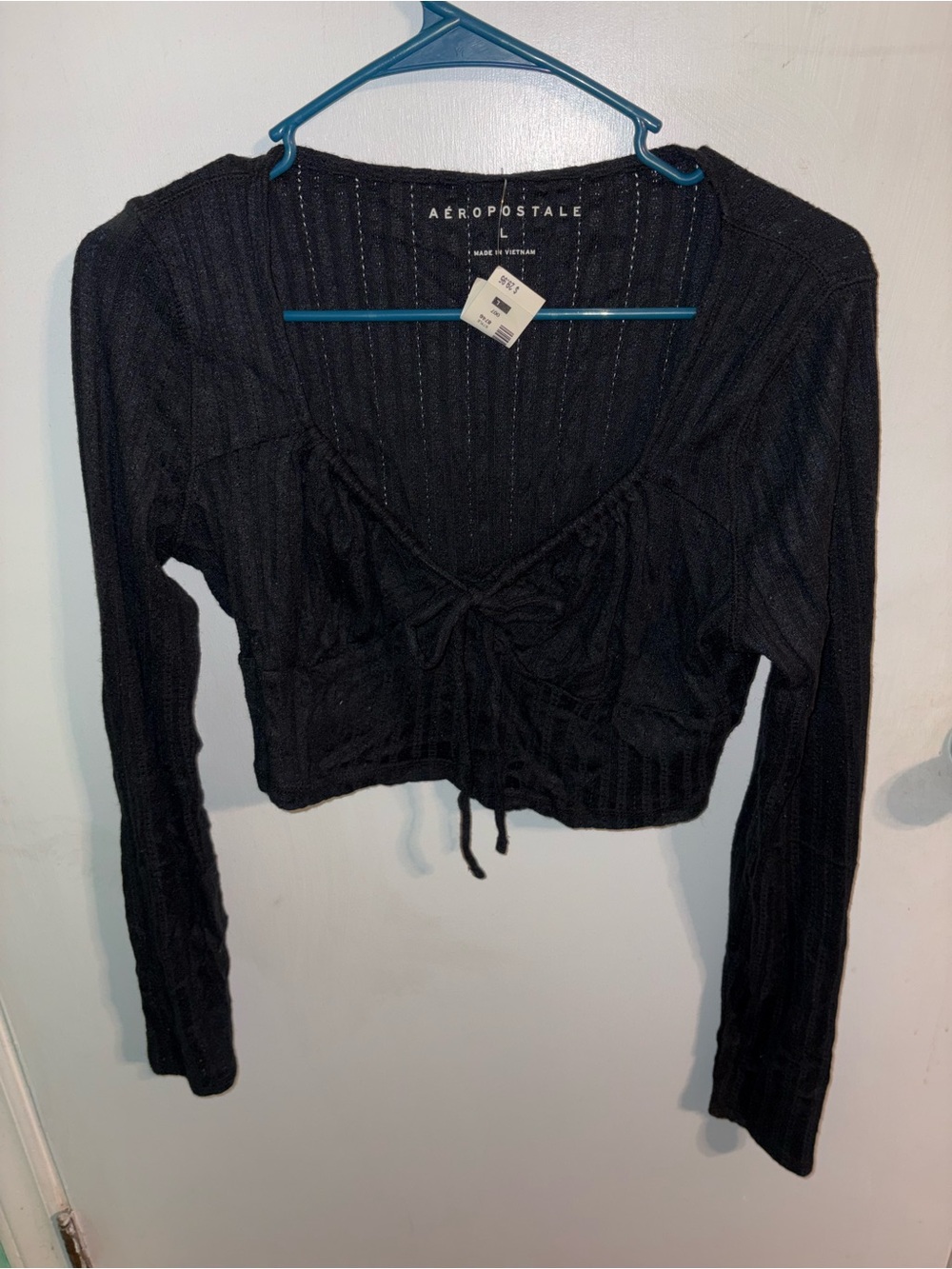 Aeropostale Black Ribbed Tie-Front Long Sleeve Crop Top - Drawstring Detail